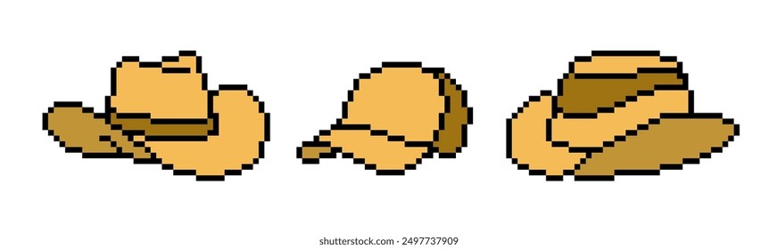 Pixelated hat and cap icon. Pixel design of headgears icon.	