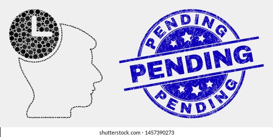 Pixelated head clock mosaic pictogram and Pending seal stamp. Blue vector rounded scratched seal stamp with Pending title. Vector collage in flat style.