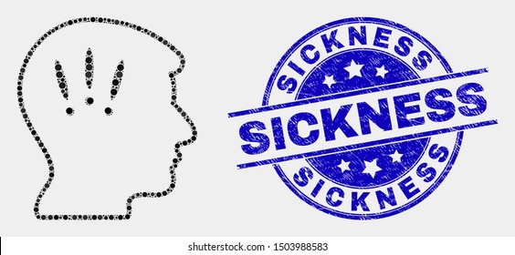 Pixelated headache mosaic pictogram and Sickness stamp. Blue vector round distress seal stamp with Sickness caption. Vector composition in flat style.