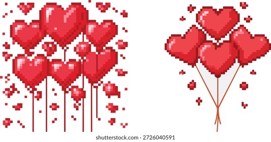 pixelated heart balloons in red