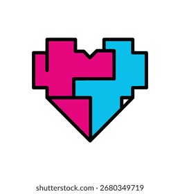 Um design de coração pixelizado, representando amor e conexão em formato digital.