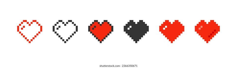 Pixelated heart in different styles icon set. Pixel game life symbol. Cute st valentine's day red heart, game element. Outline flat and colored style. Vector illustration.