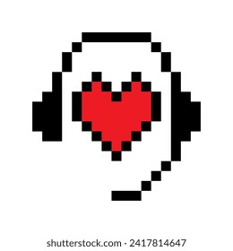 Pixelated heart with headphones icon. Friendly customers communication. Customer-oriented chatbot illustration. Bot support.  Live chat assistance. 24 hours a day 7 days a week customer help support.