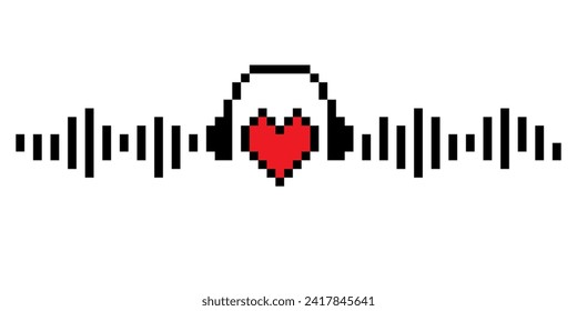 El corazón Pixelado con auriculares y ondas musicales. Ilustración del corazón del emoji retro. Logo de radio, podcast. Diseño de juegos retro. Estilo de juego de 8 bits de 800 computadoras. Amante de la música. Escuche radio o podcast.