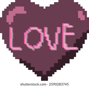 Pixelated heart icon with "LOVE" blurred text in pink, retro pixel art romantic symbol for Valentine's Day, love, and affection themes.