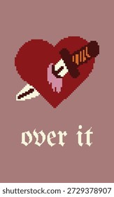 Pixelated Heart with a Knife Stabbing Through It, Accompanied by the Phrase 'Over It', Symbolizing Complex Emotions and Heartbreak