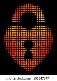 Pixelated heart lock icon. Bright pictogram in orange color tones on a black background. Vector halftone collage of heart lock icon organized with circle elements.