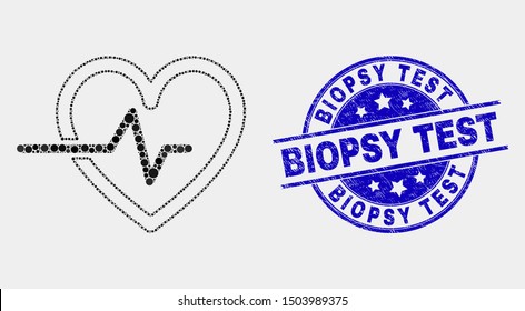 Pixelated heart pulse mosaic pictogram and Biopsy Test seal. Blue vector round textured seal with Biopsy Test caption. Vector composition in flat style.
