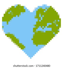 Planeta de la Tierra con forma de corazón Pixelado - Ilustración vectorial
