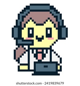 Pixelated help center female operator with laptop. Technical support. Call centre consultant. Service desk representative with headphones. Virtual online customer support. Outsourcing tech support.