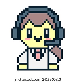 Pixelated help center female operator with headphone. Technical support illustration. Call centre consultant. Service desk representative. Virtual online customer support. Outsourcing tech support.