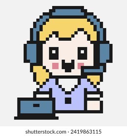 Pixelated help center female operator with laptop. Technical support illustration. Call centre consultant. Service desk representative. Virtual online customer support. Outsourcing tech support.