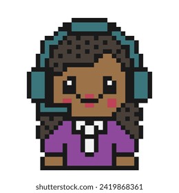 Pixelated help center female operator with headphones. Technical support illustration. Call centre consultant. Service desk representative. Virtual online customer support. Outsourcing tech support.