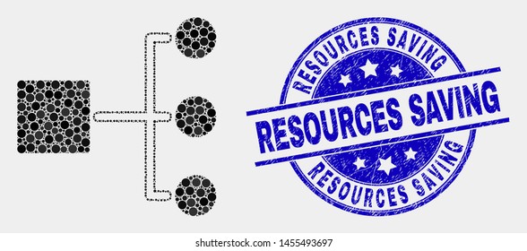 Pixelated hierarchy mosaic icon and Resources Saving seal stamp. Blue vector rounded grunge seal stamp with Resources Saving caption. Vector composition in flat style.