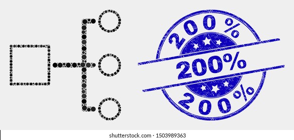 Pixelated hierarchy mosaic pictogram and 200 percent watermark. Blue vector round textured seal stamp with 200 percent title. Vector collage in flat style. Black isolated hierarchy mosaic of