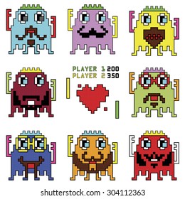 Pixelated hipster robot emoticons with simple hitting ball game with a heart shape inspired by 90's computer games showing different emotions  
