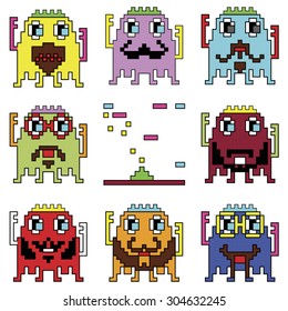 Pixelated hipster robot emoticons with simple with shooting spaceship element  inspired by 90's computer games showing different emotions  
