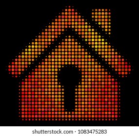 Pixelated home keyhole icon. Bright pictogram in orange color hues on a black background. Vector halftone mosaic of home keyhole icon organized with circle dots.