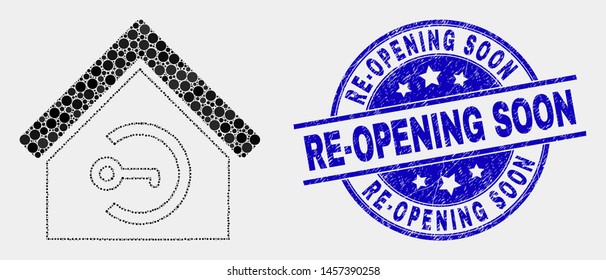 Pixelated home keyhole mosaic icon and Re-Opening Soon seal stamp. Blue vector round textured seal stamp with Re-Opening Soon message. Vector composition in flat style.