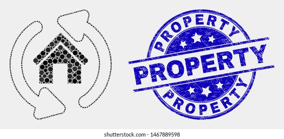 Pixelated home refresh arrows mosaic icon and Property seal. Blue vector rounded textured seal stamp with Property title. Vector composition in flat style.