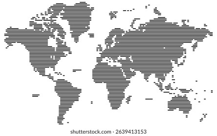 Pixelated Horizontal line shape map design representing physical geography. Includes Asia, Africa, America, and Europe. Realistic line shape dotted world map feathering abstract country boundary