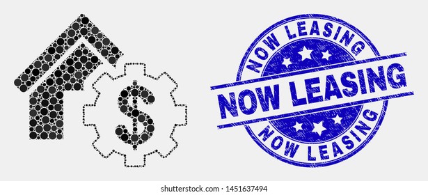 Pixelated house financial settings mosaic pictogram and Now Leasing watermark. Blue vector rounded distress seal stamp with Now Leasing phrase. Vector composition in flat style.