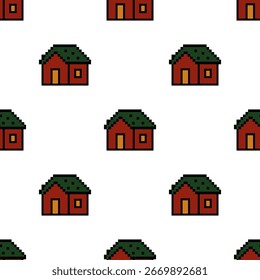 Pixelated houses arranged in a repeating pattern create a charming and nostalgic effect. The houses are depicted with simple, blocky shapes and each feature a small window and door