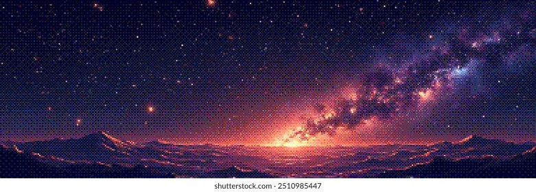 A enorme galáxia da nebulosa pixelada no horizonte de planeta alienígena no universo. Fundo panorâmico da cena do espaço profundo em estilo vintage pixel art com efeito de pontilhamento para videogame retro de 8 bits. Ilustração vetorial