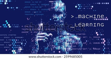 Pixelated human face with glitchy shapes on a black background. Vector cover or poster in a futuristic, tech-inspired design.