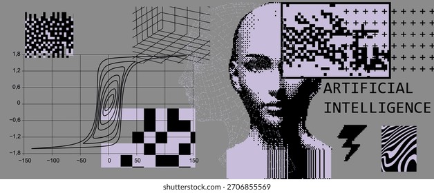 A cabeça humana pixelada se funde com padrões de dados caóticos, gráficos, grades e elementos de falha. Ilustração vetorial conceitual para inteligência artificial, aprendizagem de máquina e consciência digital.