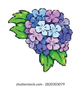 Pixelated hydrangea flower cluster in various shades of blue and purple, surrounded by vibrant green leaves.