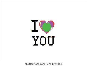 Pixelated 'I Love You' Message with Heart. 8 bit. Game development, mobile app. Isolated vector illustration.	
