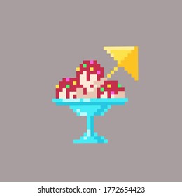 Pixelated ice cream in a glass plate. Pixel art bright summer food icon. Vector illustration.