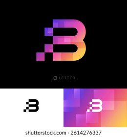 Pixelated icon. Letter B with pixels. Yellow-purple monogram. Web app icon.