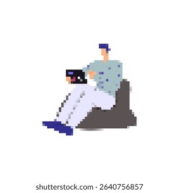 Pixelated icon showing a person sitting on a bean bag using a laptop, showcasing leisure time.