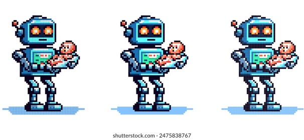 A pixelated illustration of a caring robot holding a baby, symbolizing futuristic child care and the caring side of technology.