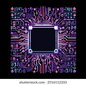 Pixelated illustration of a computer chip or circuit board, rendered in a dark color palette with accents of pink and blue. 