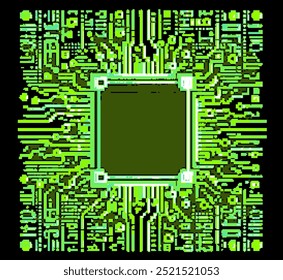 Pixelated illustration of a computer chip or circuit board, rendered in a dark green color palette.