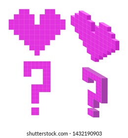 Pixelated illustration in flat style and in 3D isometric. Heart and purple question mark isolated on white background.