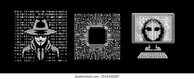 Ilustração pixelada de um hacker, um computador e uma placa de circuito.   Representação visual do conceito de pirataria informática e cibercrime.