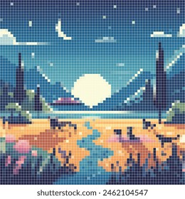 Pixelated illustration of night in a lowland. Vector pixelated illustration for poster, art, design, and other. Editable design.