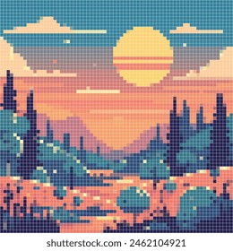 Pixelated illustration of night in a lowland. Vector pixelated illustration for poster, art, design, and other. Editable design.