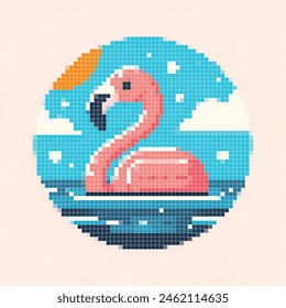 Pixelated illustration of pink flamingo. Vector pixel illustration of animal and editable design