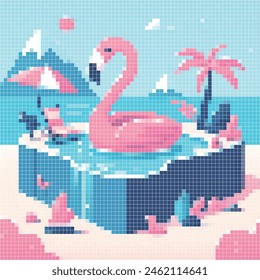 Pixelated illustration of pink flamingo. Vector pixel illustration of animal and editable design