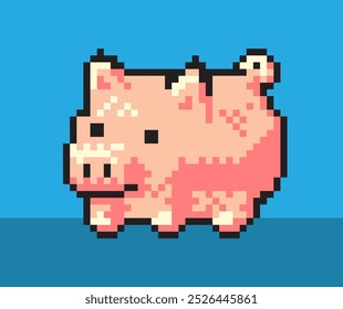 Pixelated illustration of pink pig. Farm barn pig animal in pixel art style for games and icon for website.