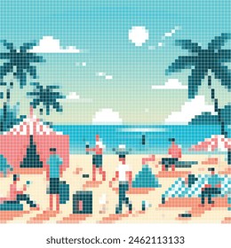 Pixelated illustration of summer holiday. Vector pixelated illustration of beach. Editable illustration