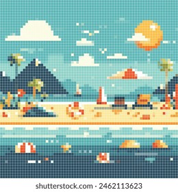 Ilustración pixelada de vacaciones de verano. Vector pixelado ilustración de playa. Ilustración editable