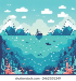 Pixelated illustration of summer in an ocean and island. Vector pixelated illustration for poster, art, design, and other. Editable design.