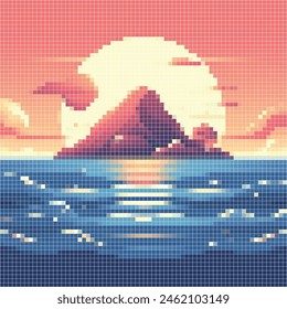 Pixelated illustration of summer in an ocean and island. Vector pixelated illustration for poster, art, design, and other. Editable design.
