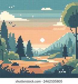 Pixelated illustration of sunset in a lowland. Vector pixelated illustration for poster, art, design, and other. Editable design.